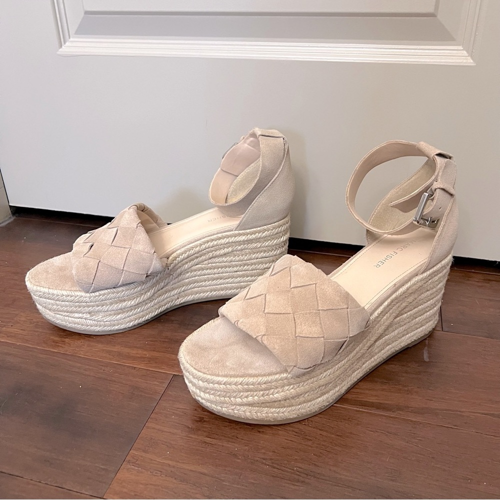 Marc Jacob’s Nude Suede Woven Platform Ankle Strap Sandals